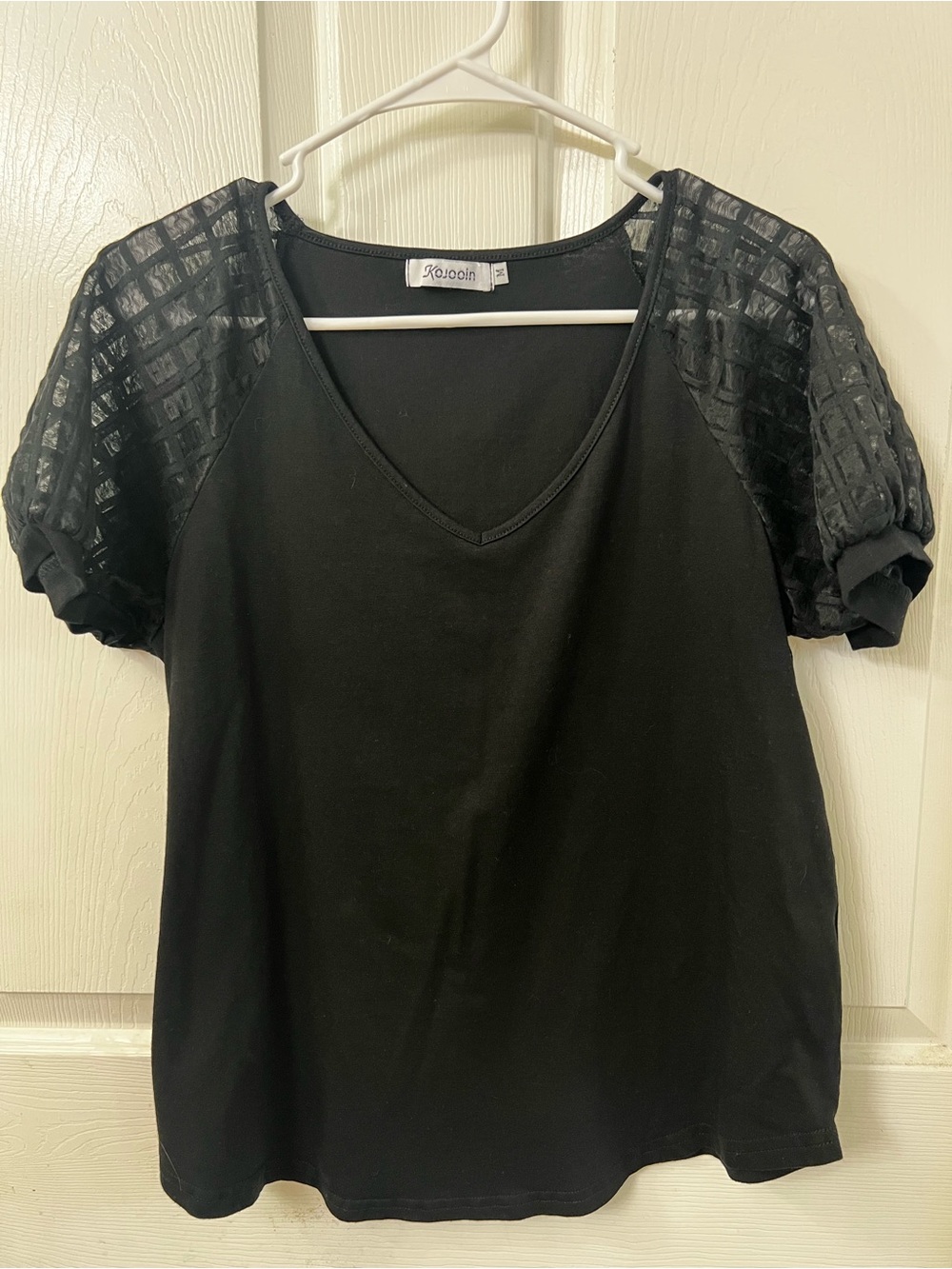 Black V-Neck Top with Sheer Grid Puff Sleeves